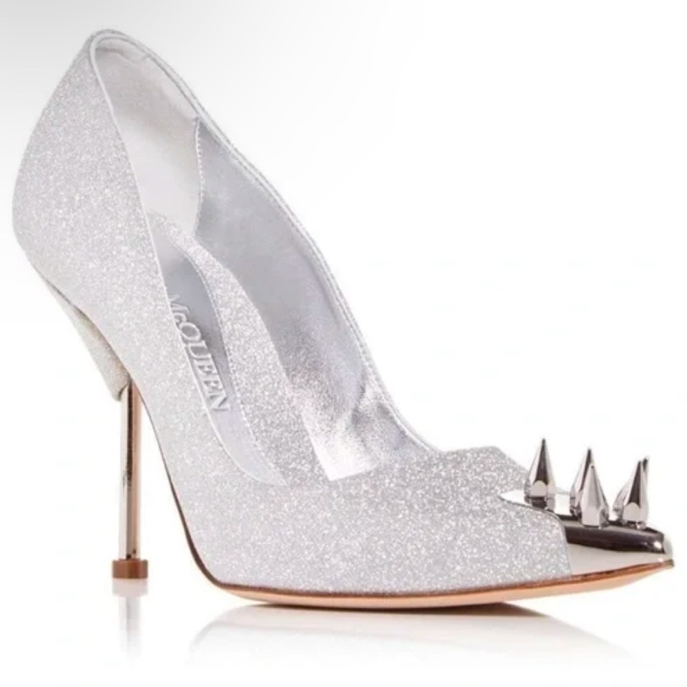 🌹ALEXANDER MCQUEEN🌹 Silver 110 Stud-Detail Punk Spike Glitter Stiletto  Size: 37